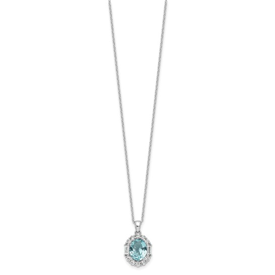 Full view of sterling silver aqua-blue and white cubic zirconia oval halo necklace
