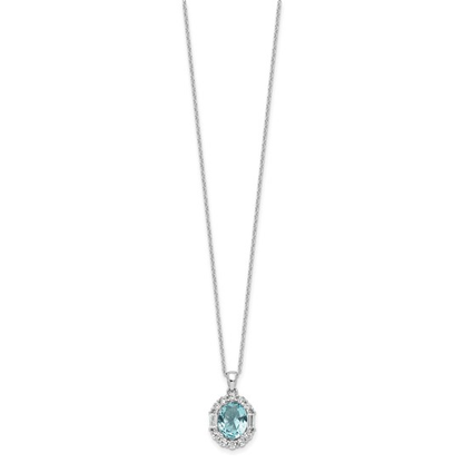 Full view of sterling silver aqua-blue and white cubic zirconia oval halo necklace
