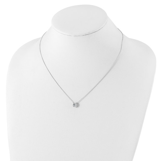 Sterling silver bezel-set cubic zirconia pendant necklace shown on display bust