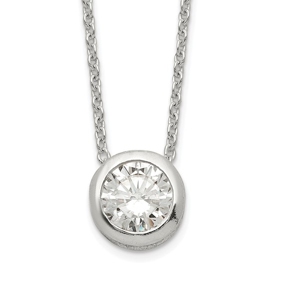 Sterling silver bezel-set cubic zirconia pendant necklace, front detail