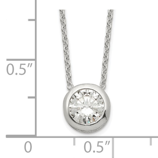 Bezel-set cubic zirconia pendant shown with half-inch measurement guide