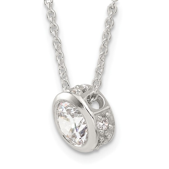 Sterling silver bezel-set cubic zirconia pendant necklace, angled side detail