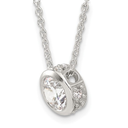 Sterling silver bezel-set cubic zirconia pendant necklace, angled side detail