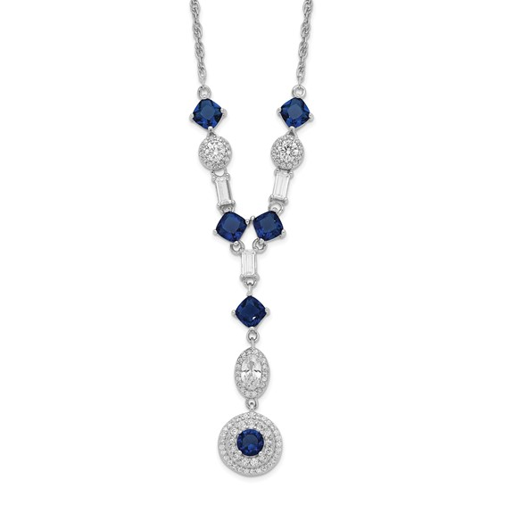 Sterling silver dark blue glass and white cubic zirconia Y-drop necklace detail