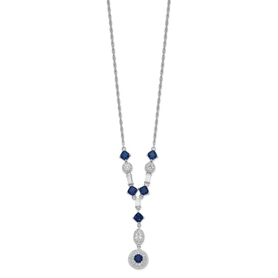 Full view of sterling silver dark blue glass and white cubic zirconia Y-drop necklace