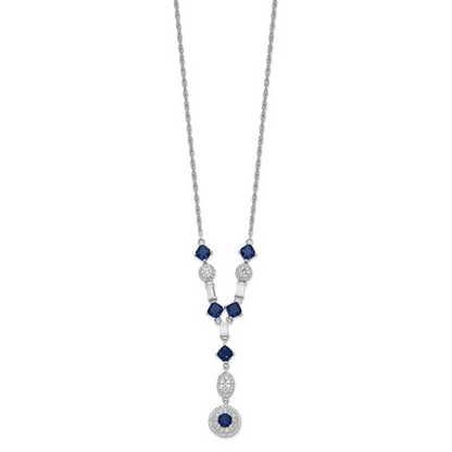 Full view of sterling silver dark blue glass and white cubic zirconia Y-drop necklace
