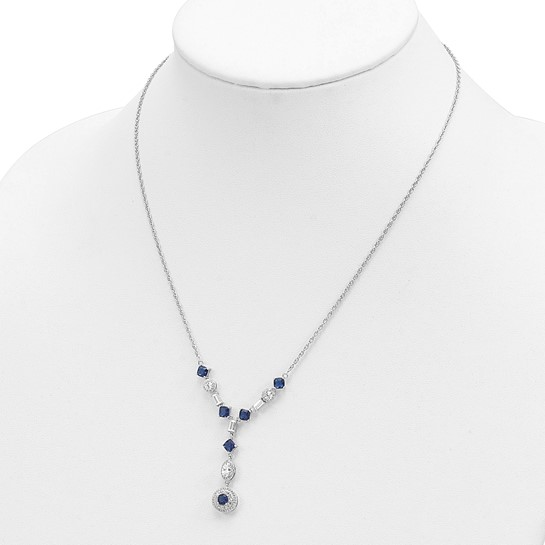 Sterling silver dark blue glass and white cubic zirconia Y-drop necklace shown on display bust