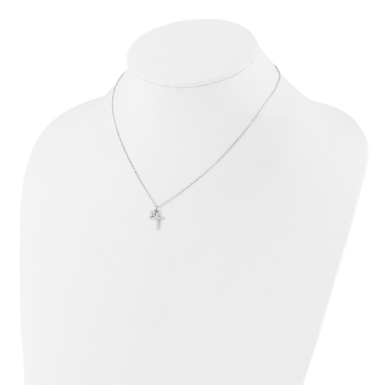 Sterling silver cubic zirconia double cross necklace shown on display bust