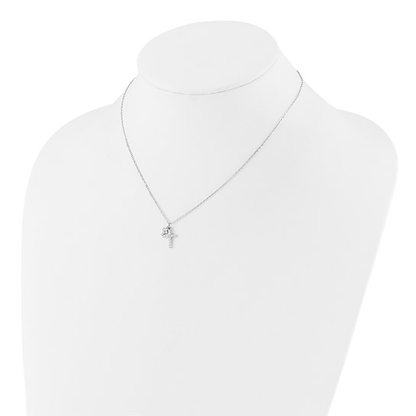 Sterling silver cubic zirconia double cross necklace shown on display bust
