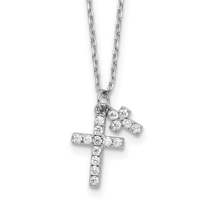 Sterling silver cubic zirconia double cross necklace, pendant detail