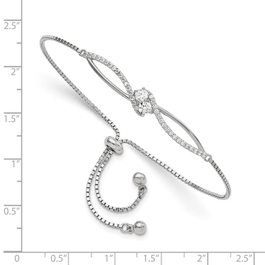 Sterling silver CZ openwork adjustable bolo bracelet measurement guide showing visual scale