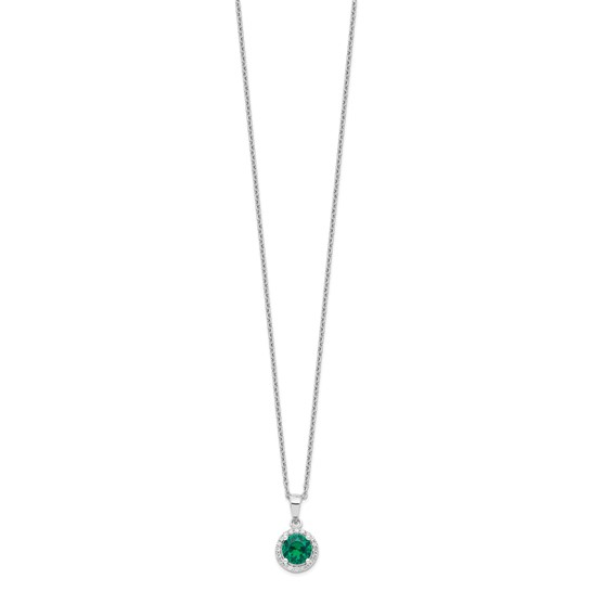 Full view of sterling silver green and white cubic zirconia halo necklace