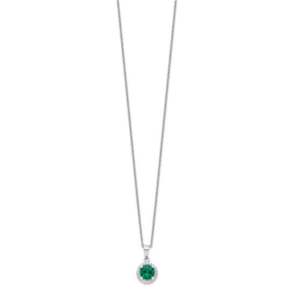 Full view of sterling silver green and white cubic zirconia halo necklace