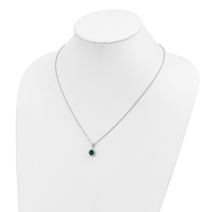 Sterling silver green and white cubic zirconia halo necklace shown on display bust