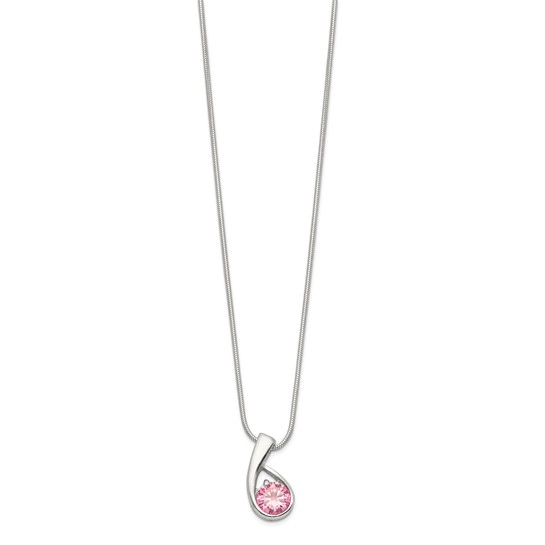 Full view of sterling silver pink cubic zirconia swirl necklace