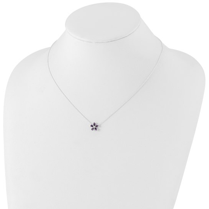 Sterling silver purple cubic zirconia flower necklace shown on display bust