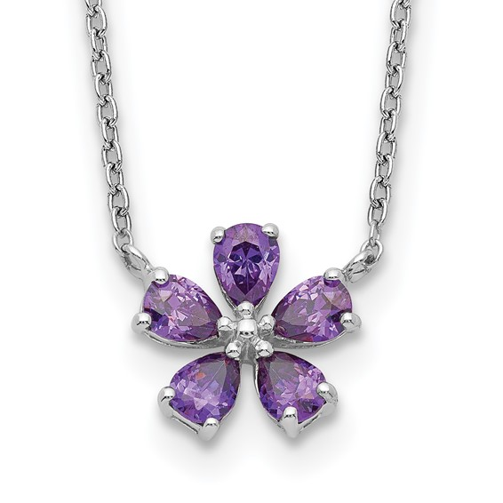 Sterling silver purple cubic zirconia flower necklace, pendant detail