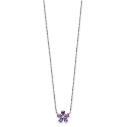 Sterling silver purple cubic zirconia flower necklace, full 18-inch chain