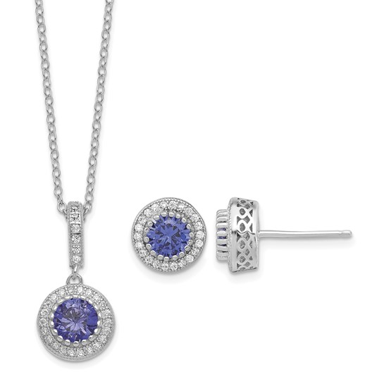 Sterling silver purple and white cubic zirconia necklace and stud earring set
