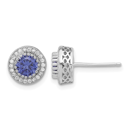 Front and side detail of sterling silver purple and white cubic zirconia stud earrings