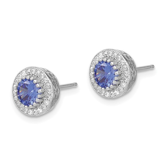 Pair of sterling silver purple and white cubic zirconia halo stud earrings