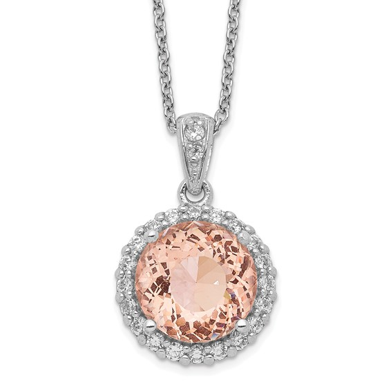Rhodium-plated sterling silver simulated morganite and cubic zirconia halo necklace detail