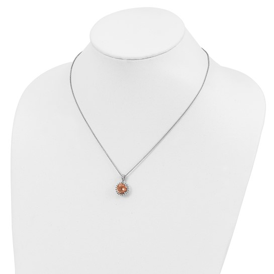 Sterling silver simulated morganite and cubic zirconia halo necklace shown on display bust