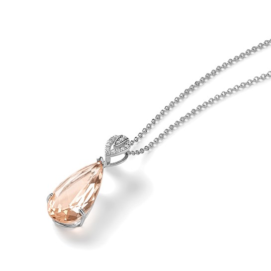 Angled view of sterling silver simulated morganite and cubic zirconia teardrop necklace