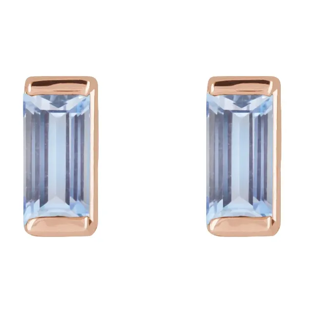 Natural tanzanite baguette stud earrings in 14K rose gold, front view