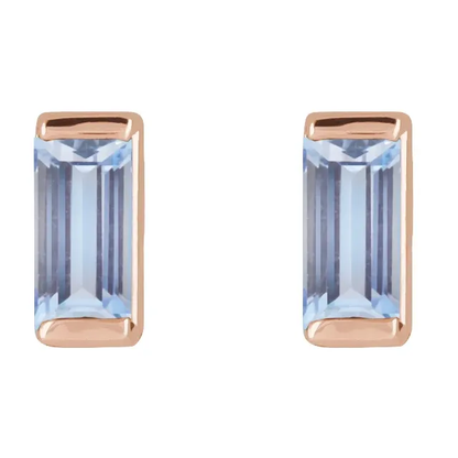 Natural tanzanite baguette stud earrings in 14K rose gold, front view