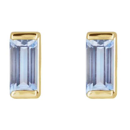 Natural tanzanite baguette stud earrings in 14K yellow gold, front view