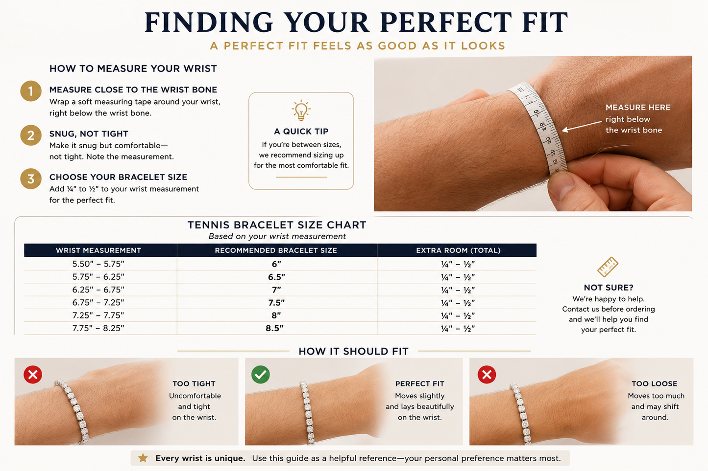 Tennis bracelet sizing guide showing how to measure your wrist and choose the right bracelet length