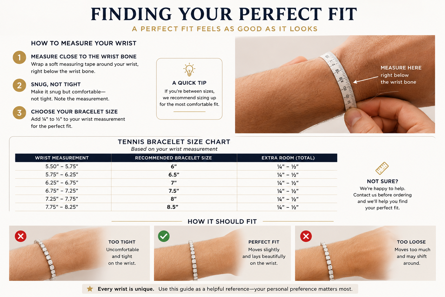 Tennis bracelet sizing guide showing how to measure your wrist and choose the right bracelet length