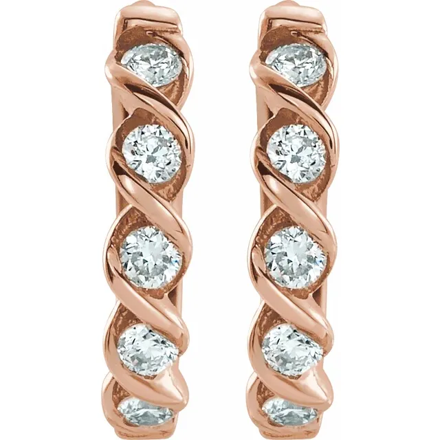 Front view of 14K rose gold twisted hoop earrings with round lab-grown diamonds
