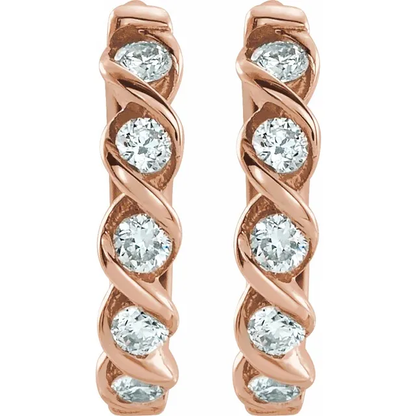 Front view of 14K rose gold twisted hoop earrings with round lab-grown diamonds