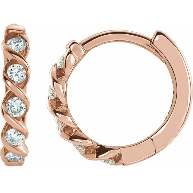14K rose gold twisted lab-grown diamond hoop earrings shown from the side