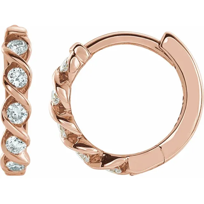 14K rose gold twisted lab-grown diamond hoop earrings shown from the side