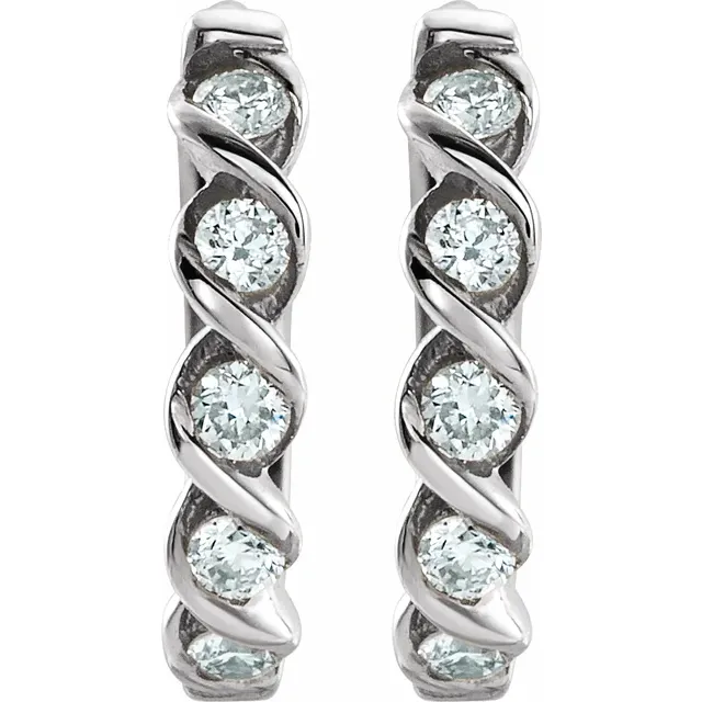 Front view of rhodium-plated 14K white gold twisted hoop earrings with lab-grown diamonds