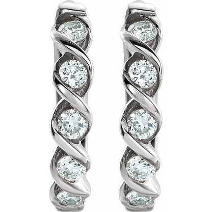 Front view of rhodium-plated 14K white gold twisted hoop earrings with lab-grown diamonds