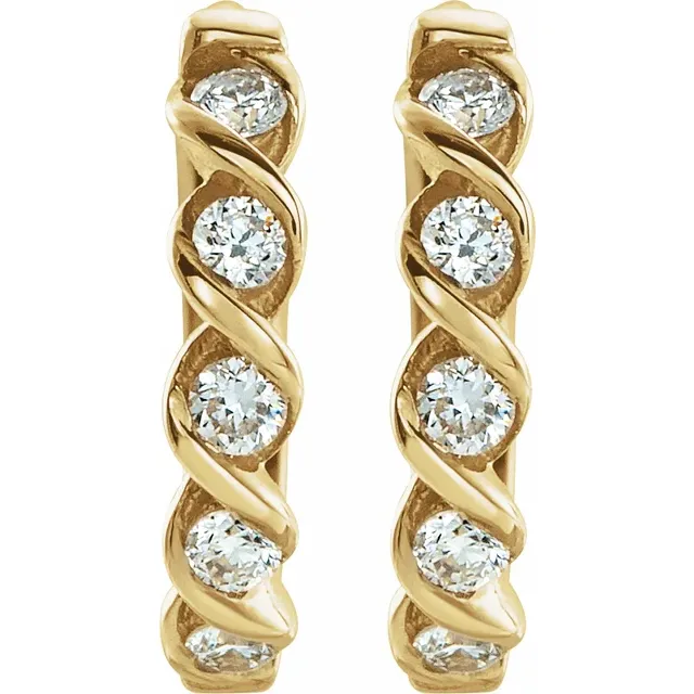 Front view of 14K yellow gold twisted hoop earrings with round lab-grown diamonds