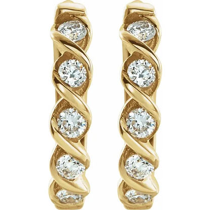 Front view of 14K yellow gold twisted hoop earrings with round lab-grown diamonds