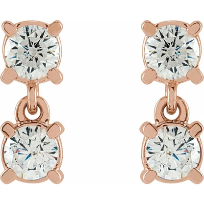 Front view of petite two-stone lab-grown diamond drop earrings in 14K rose gold