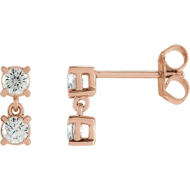 Side and front view of petite two-stone lab-grown diamond drop earrings in 14K rose gold