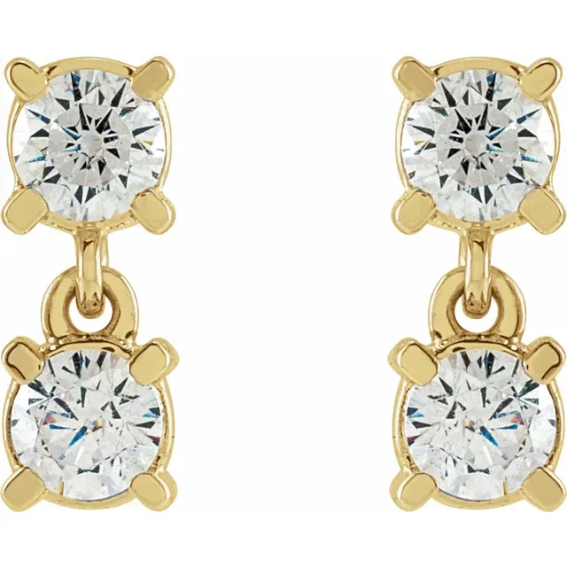 Front view of petite two-stone lab-grown diamond drop earrings in 14K yellow gold