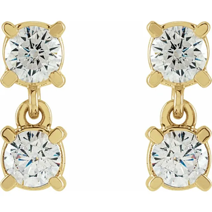 Front view of petite two-stone lab-grown diamond drop earrings in 14K yellow gold