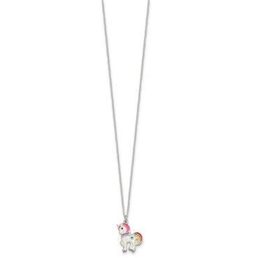 Full view of the rainbow enamel unicorn children's necklace