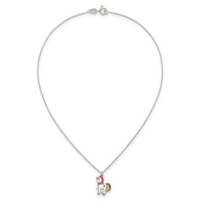 Sterling silver unicorn necklace arranged flat