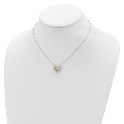 Yellow-tone flash gold plated sterling silver cubic zirconia open heart necklace shown on display bust