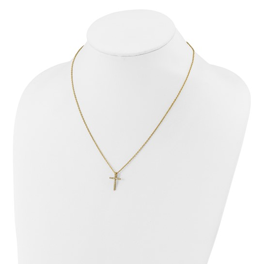 Yellow-tone gold-plated sterling silver cubic zirconia cross necklace shown on display bust