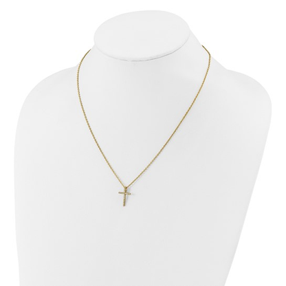 Yellow-tone gold-plated sterling silver cubic zirconia cross necklace shown on display bust